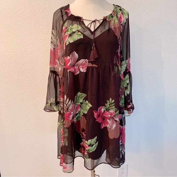 EXPRESS Brown Hibiscus Flower Floral Print Babydoll Chiffon Dress - Picture 1 of 11